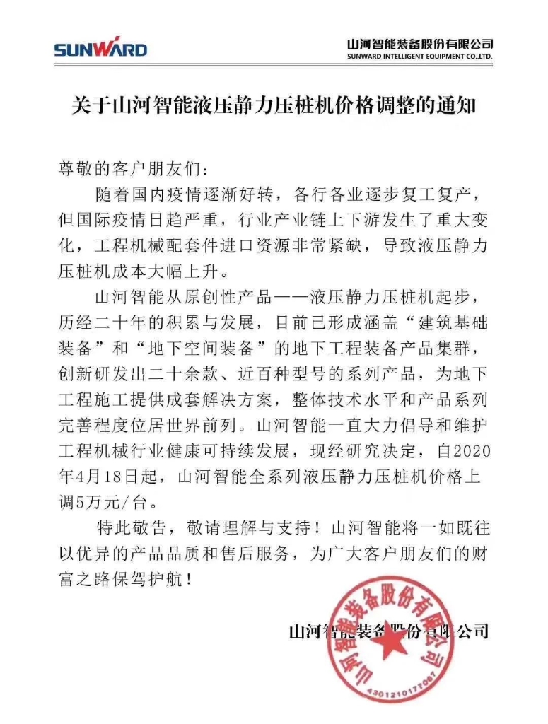 关于8188cc威尼斯智能液压静力压桩机价钱调解的通知